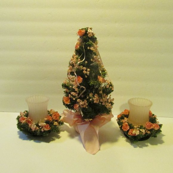vtg Victorian Christmas ornaments with pink rose Xmas tree with 2 candle holder - Picture 6 of 9